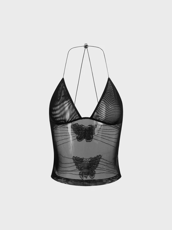 Mesh Backless Halter Butterfly Cami Top