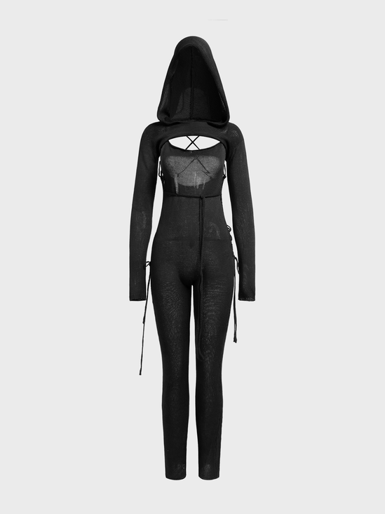 Knitted Hooded Plain Long Sleeve Jumpsuit