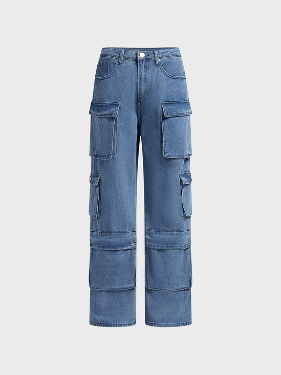 Denim Plain Straight Cargo Jeans