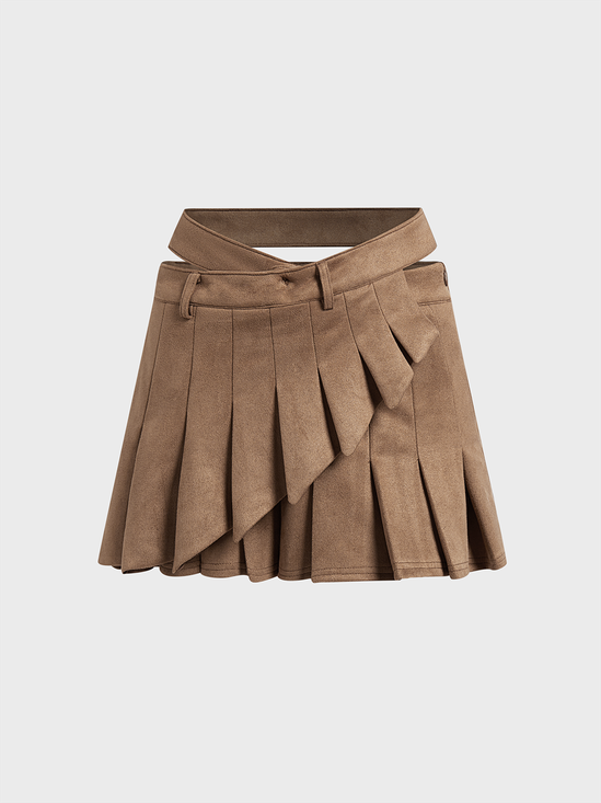 Suede Asymmetrical Cut Out Plain Short Skirt