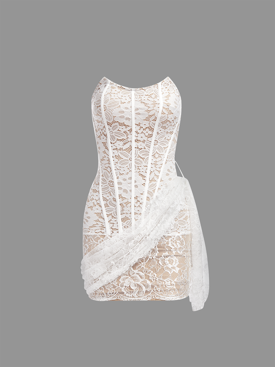 Lace Strapless Plain Sleeveless Short Dress