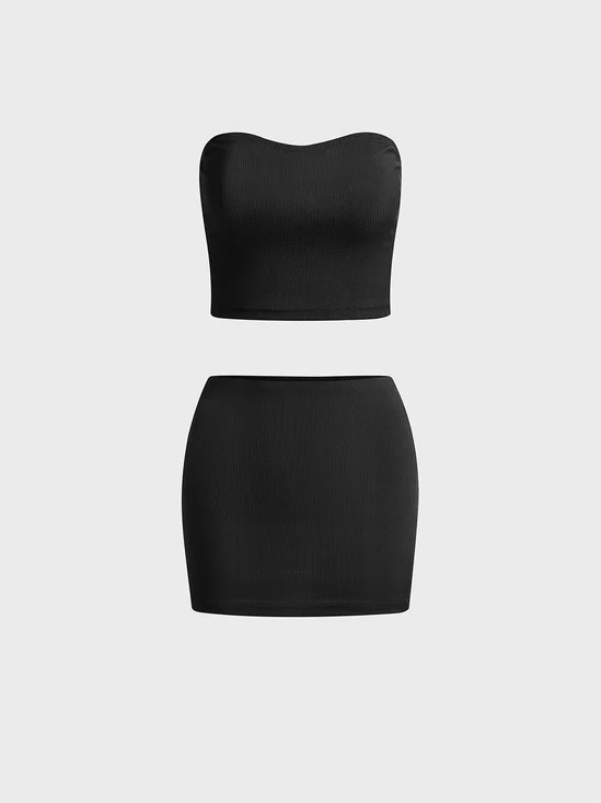 Plain Top With Skirt Two-Piece Set