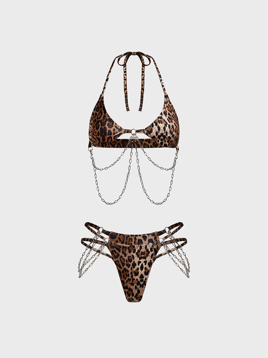 Metal Chain Leopard Bikini Set