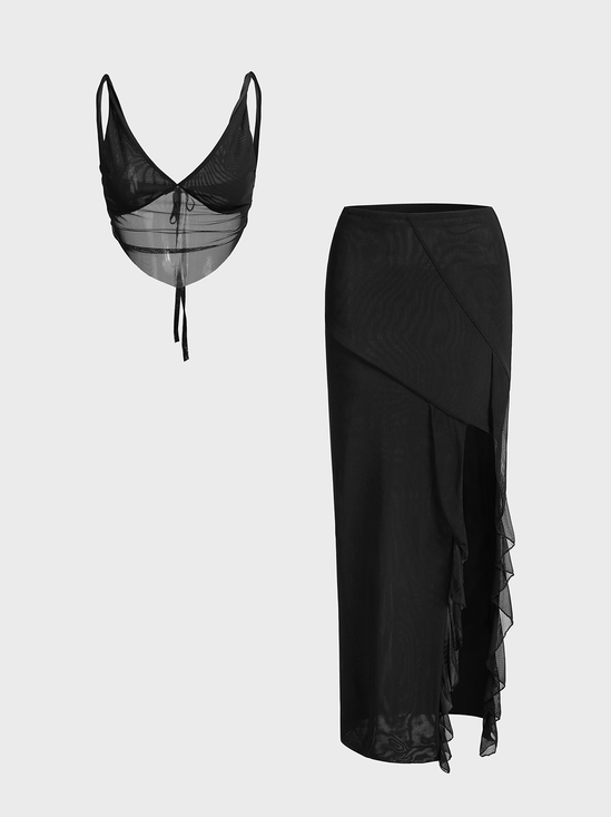 Mesh Split Plain Top With Skirt Two-Piece Set