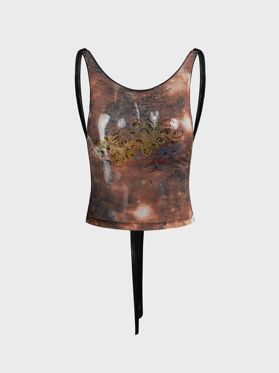 Hotfix Rhinestone Crew Neck Floral Tank Top