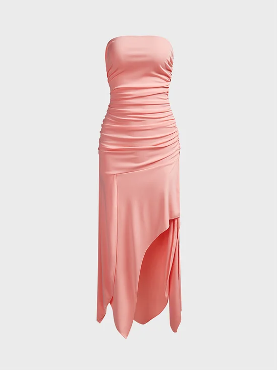ruffles Side Slit Asymmetrical Design Strapless Plain Sleeveless Maxi Dress
