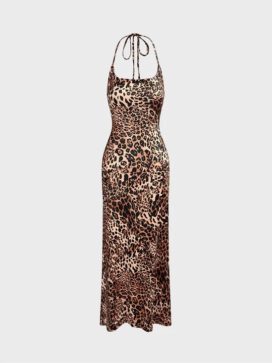 Halter Leopard Sleeveless Maxi Dress
