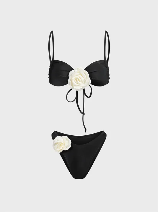 Nylon 3D flower Color Block Bikini with Cover Up