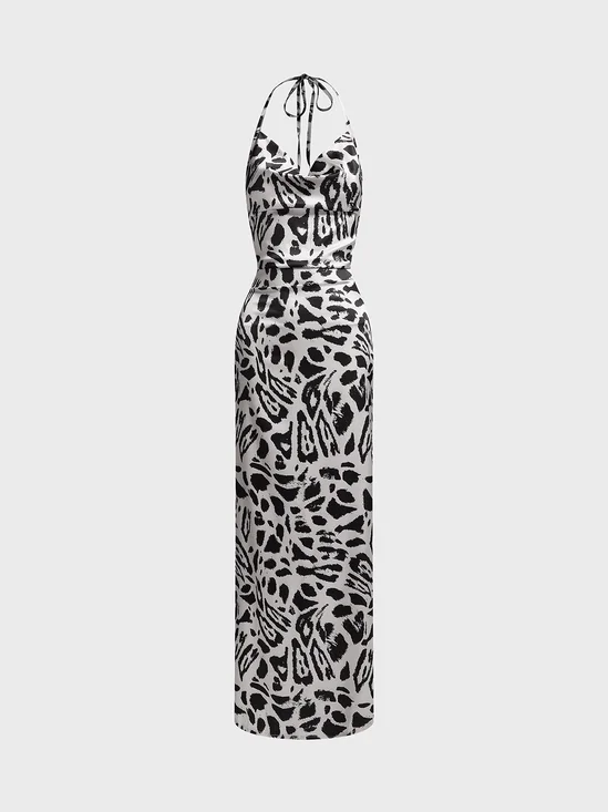 Backless Halter Leopard Sleeveless Maxi Dress