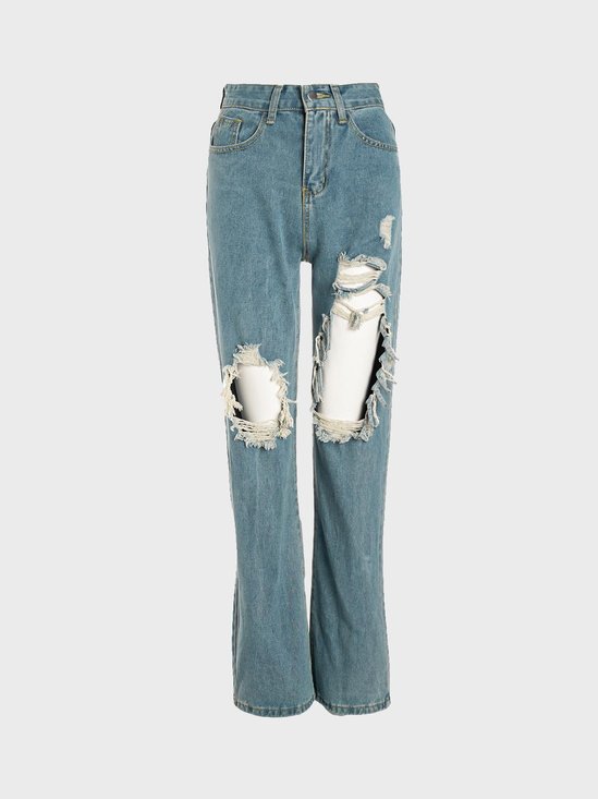 【Final Sale】Street Blue Denim Cut Out Bottom Jeans