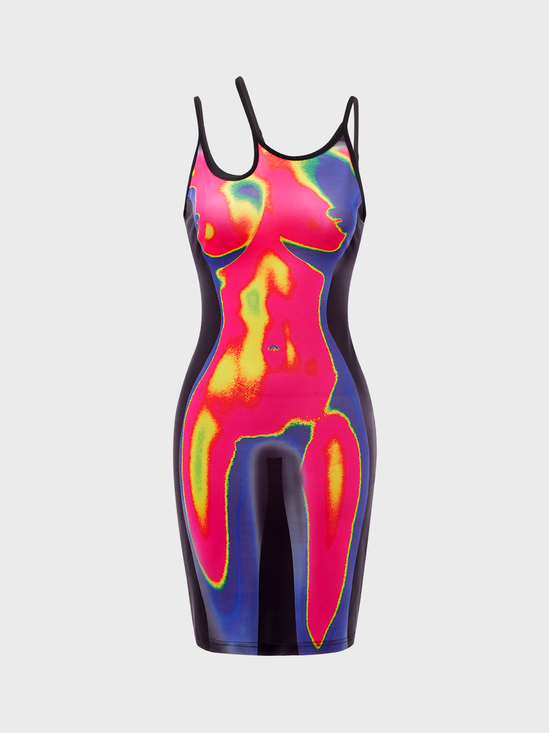 【Final Sale】Edgy Multicolor Body Print Asymmetrical Design Lace Up The Body Dress Mini Dress