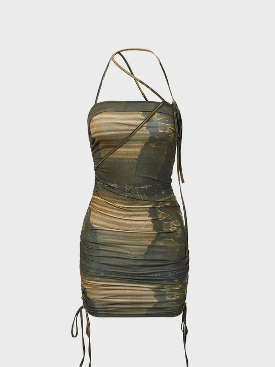 【Final Sale】Y2K Army Green Tie-Up Tie Dye Dress Mini Dress