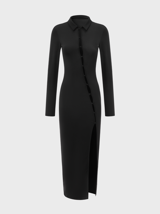 【Final Sale】Y2K Black Cut Out Asymmetrical Design Side Slit Dress Midi Dress