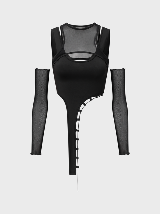 Edgy Black Mesh Asymmetrical Design Tiered Design Cyberpunk Top Women Top