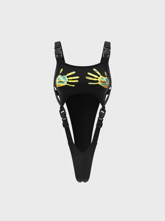 【Final Sale】Street Black Body print Buckle Cyberpunk Bodysuit