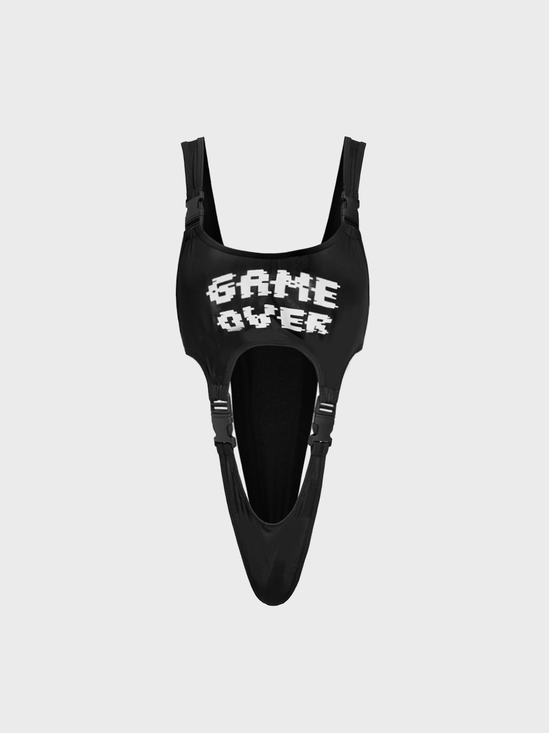 【Final Sale】Y2k Black Buckle Game Over Bodysuit