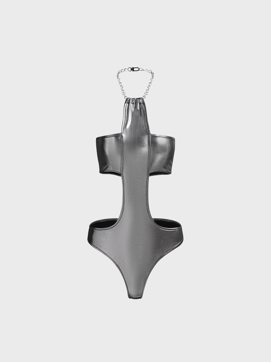 Edgy Silver Metal chain Cross volume Bodysuit