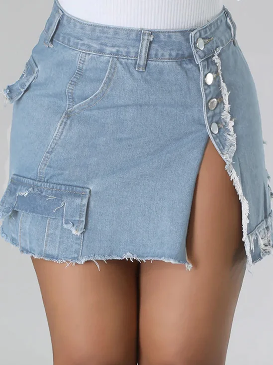 【Final Sale】Raw Edge Pockets Plain Short Denim Skirt