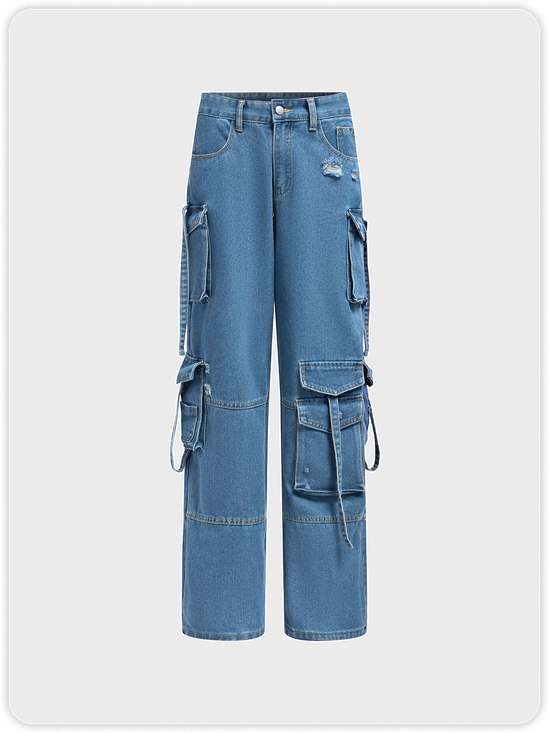 Denim Plain Pockets Cargo Jeans