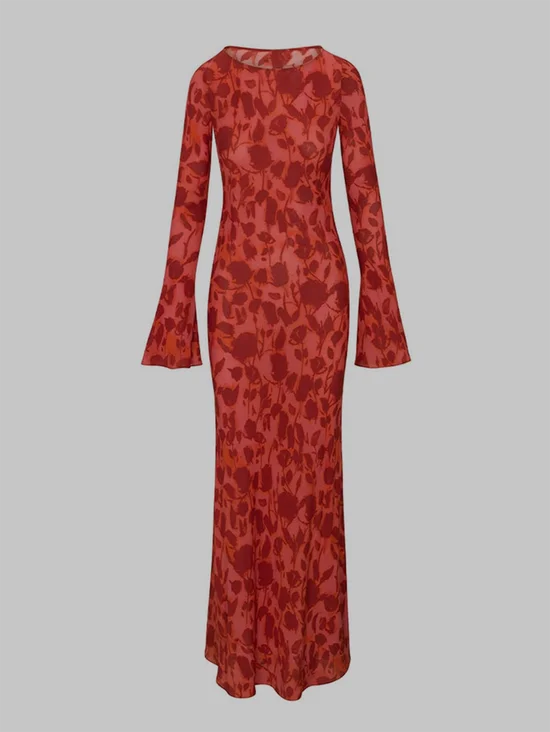 Crew Neck Floral Chiffon Long Sleeve Maxi Dress