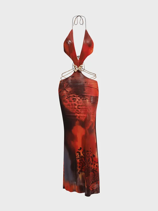 Butterfly and Leopard Print Deep V Halterneck Backless Tie Maxi Dress
