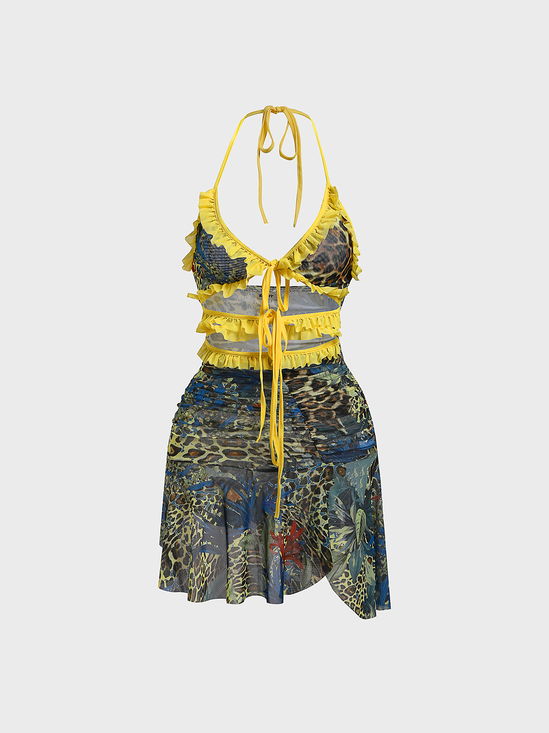 Leopard and Butterfly Print Ruffle Tie Halterneck Backless Asymmetric Hem Mini Dress