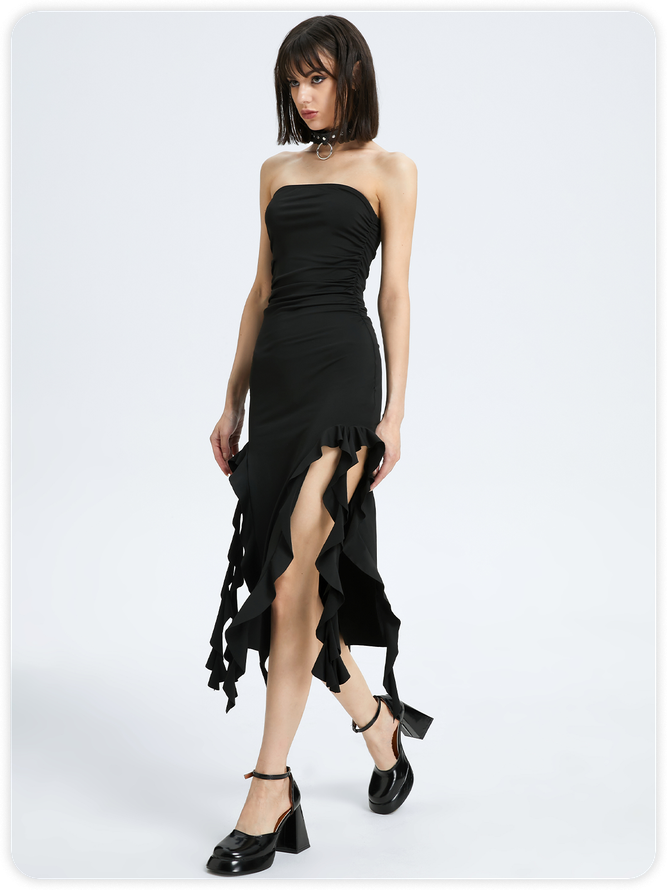 Y2k Balletcore Black Ruffles Tube Dress Midi Dress kollyy