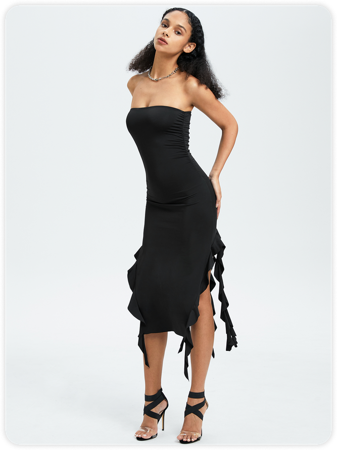 Y2k Balletcore Black Ruffles Tube Dress Midi Dress kollyy