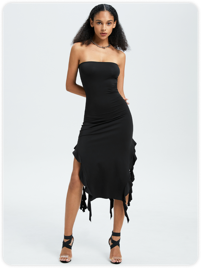 Y2k Balletcore Black Ruffles Tube Dress Midi Dress kollyy
