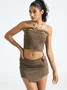 Twill cut out Irregular Hem Plain Top With Skirt Two-Piece Set