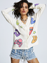 Knitted Crew Neck Star Pattern Long Sleeve Cardigan