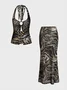 Cut Out Mesh Animal Print Top With Skirt Two-Piece Set