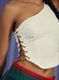 Jacquard Texture Lace Up One Shoulder Plain Crop Top
