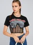 Street Black Lace-Up Design Mesh Graphic Top T-Shirt