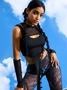 Edgy Black Mesh Asymmetrical Design Tiered Design Cyberpunk Top Women Top
