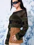 Net Cut Out Patchwork Fuzzy Long Sleeve Crop Top