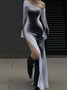Side Slit Backless One Shoulder Painting Long Sleeve Maxi Dress