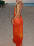 Side Slit Backless Mesh Halter Floral Sleeveless Maxi Dress