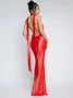 Satin Backless Design Halter Plain Sleeveless Maxi Dress