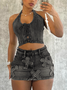 Denim Cross Top With Skirt Two-Piece Set