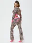 Jersey Leopard Color Block Coat With Pants Two-Piece Set
